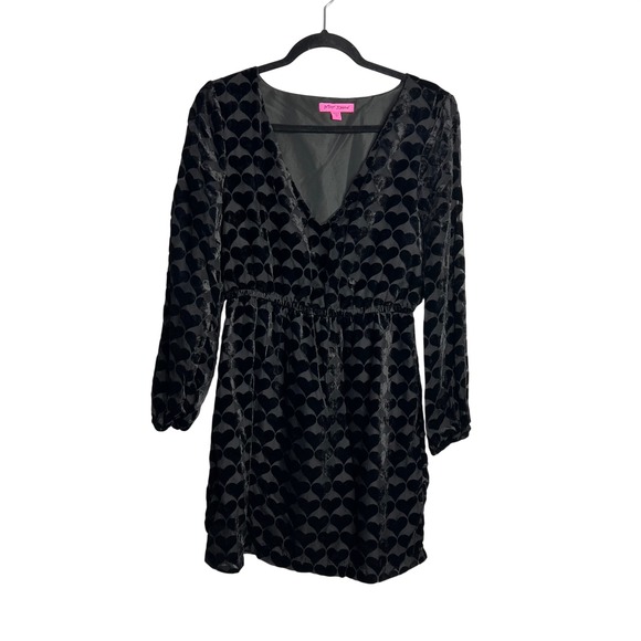 Betsey Johnson Dresses & Skirts - Betsey Johnson Black Burnout Velvet Heart Mini Dress Size M V-Neck Long Sleeve